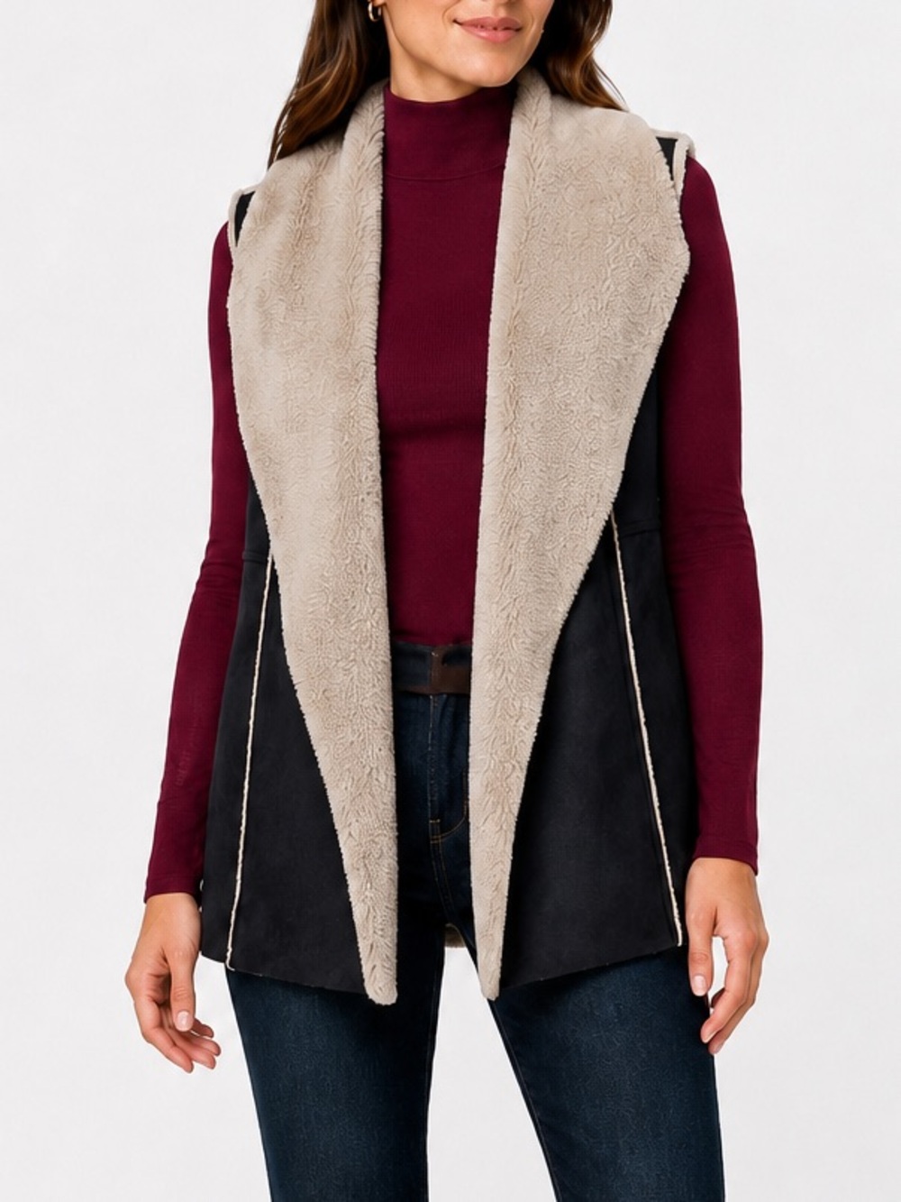 Susina Nordstrom Rack M Black Faux Suede Sherpa Draped Vest Boho